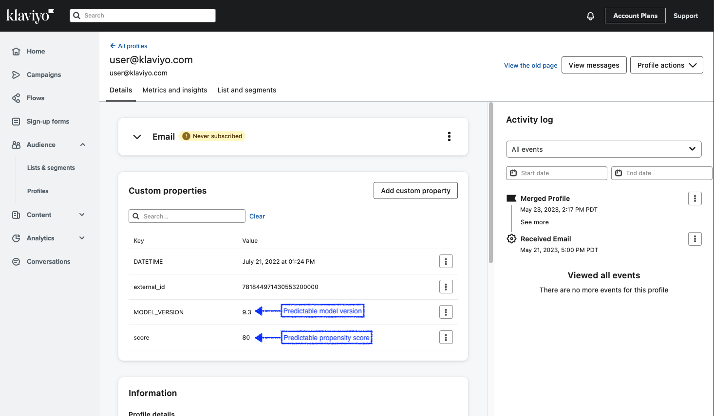 Klaviyo User Profile with Predictable Data